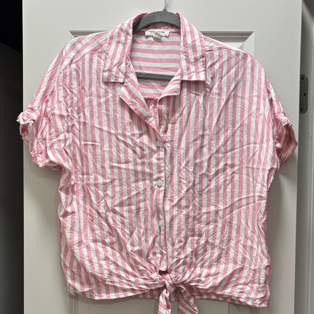 beachlunchlounge Pink and White Striped Button Down Shirt